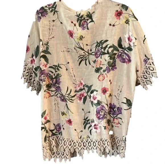 Pure linen beautiful cream floral kimono type shirt one size fits most - Picture 5 of 6